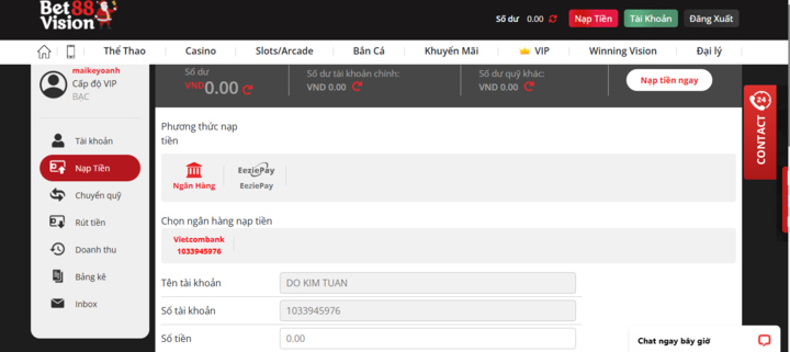 Kênh nạp rút tiền tại Betvision