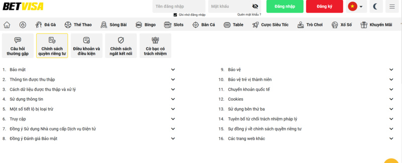Nội dung chính của Chính sách bảo mật Betvisa