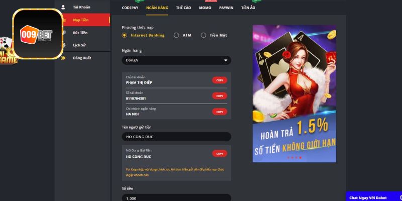 Nạp tiền 009Bet - Quy trình đơn giản và nhanh chóng