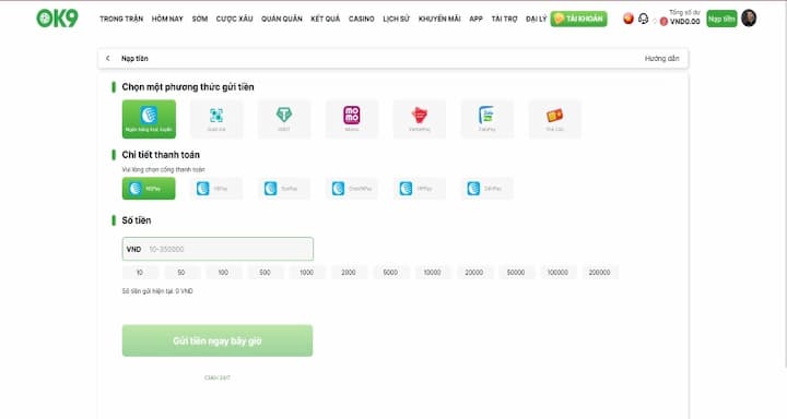 Nạp tiền nhanh chóng, an toàn tại OK9